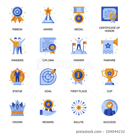 Business success icons set in flat style. Award ceremony, fanfare and salute, medal and cup, certificate of honor, first place and winning signs. Business achievement pictograms for UX UI design. 104044232