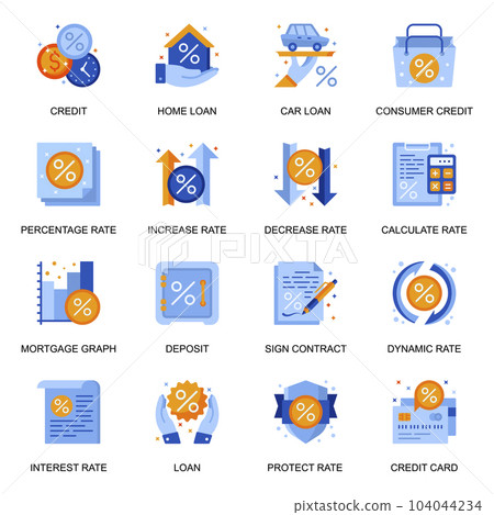 Credit and loan icons set in flat style. Home loan, mortgage graph, credit card and deposit, consumer credit, sign contract and calculate rate signs. Banking service pictograms for UX UI design. Credit and loan icons set in flat style. Home loan, mortgage graph, credit card and deposit, consumer credit, sign contract and calculate rate signs. Banking service pictograms for UX UI design. 104044234