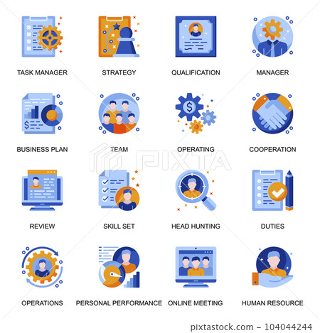 Management icons set in flat style. Headhunting and qualification, online meeting, team cooperation and personal performance signs. Task management and strategy planning pictograms for UX UI design. Management icons set in flat style. Headhunting and qualification, online meeting, team cooperation and personal performance signs. Task management and strategy planning pictograms for UX UI design. 104044244