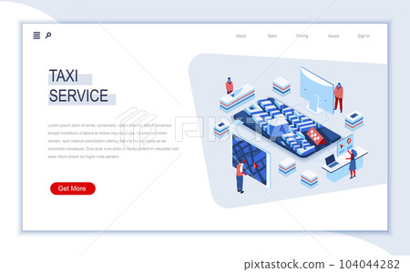 Taxi service isometric landing page. Web application for online taxi order, transfer service, passenger transportation. Digital technology and devices. Busy people in work situation 3d vector isometry 104044282