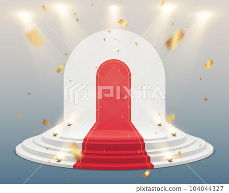 Empty white stage with red carpet and with gold confetti. Winner vector background Empty white stage with red carpet and with gold confetti. Winner vector background 104044327