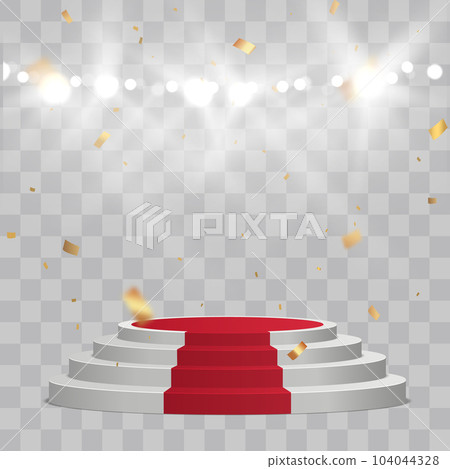 Empty white stage with red carpet and with gold confetti. Winner vector background 104044328