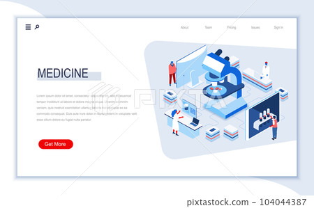 Medicine isometric landing page. Modern diagnostics and treatment, laboratory examination and health care. Pharmaceutical technology and devices. Busy people in work situation 3d vector isometry. 104044387