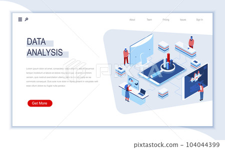 Data analysis isometric landing page. Traffic and signal analysis, filter and optimization, big data and database structuring and visualization. Busy people in work situation 3d vector isometry. 104044399