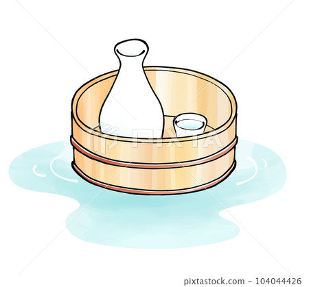 Illustration of sake floating in a watercolor style hot spring Illustration of sake floating in a watercolor style hot spring 104044426
