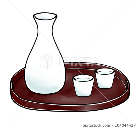 Illustration of a sake bottle and sake cup placed on a tray in a watercolor style Illustration of a sake bottle and sake cup placed on a tray in a watercolor style 104044427