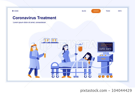 Coronavirus treatment in hospital flat landing page. Sick woman with oxygen mask lying in bed. Coronavirus protection and prevention. Artificial lung ventilation procedure, intensive care medicine. Coronavirus treatment in hospital flat landing page. Sick woman with oxygen mask lying in bed. Coronavirus protection and prevention. Artificial lung ventilation procedure, intensive care medicine. 104044429