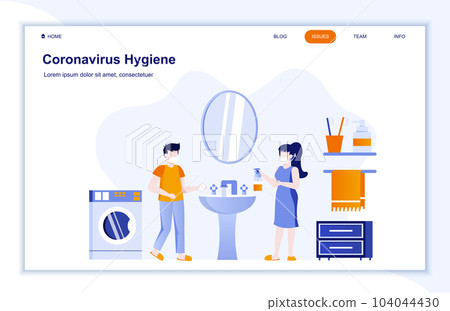 Coronavirus hygiene flat landing page. Couple in bathroom disinfecting hands with soap and antiseptics. Virus protection health practice. Covid-19 pandemic prevention and safety vector illustration. Coronavirus hygiene flat landing page. Couple in bathroom disinfecting hands with soap and antiseptics. Virus protection health practice. Covid-19 pandemic prevention and safety vector illustration. 104044430