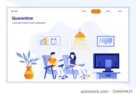 Self-quarantine flat landing page. Coronavirus protection public health practice. Couple in medical masks relax at home. Covid-19 pandemic risk vector illustration. Coronavirus prevention and safety. 104044435