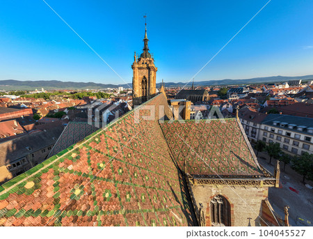 Aerial Drone Shot of St Martin's Church - Eglise Saint-Martin, church in Colmar, in Haut-Rhin, Alsace, France 104045527