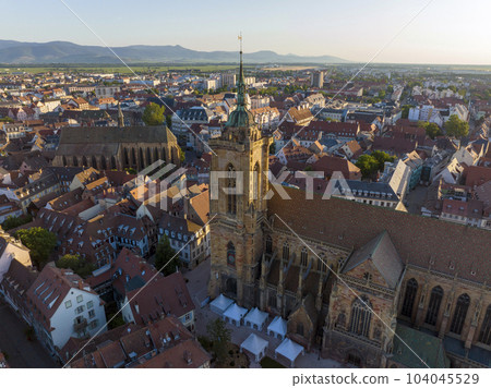 Aerial Drone Shot of St Martin's Church - Eglise Saint-Martin, church in Colmar, in Haut-Rhin, Alsace, France 104045529