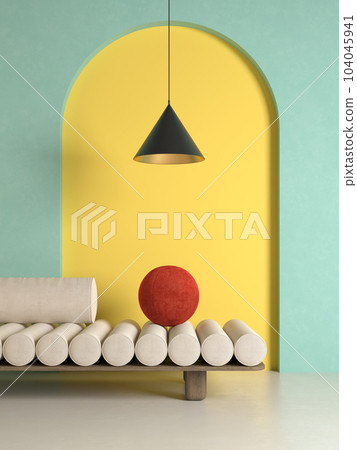 Memphis style conceptual interior room 3d illustration Memphis style conceptual interior room 3d illustration 104045941