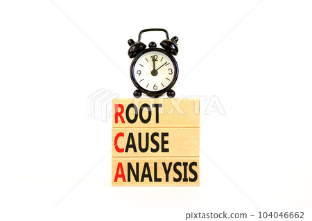 RCA root cause analysis symbol. Concept words RCA root cause analysis on wooden block. Black alarm clock. Beautiful white table white background. Business RCA root cause analysis concept. Copy space. RCA root cause analysis symbol. Concept words RCA root cause analysis on wooden block. Black alarm clock. Beautiful white table white background. Business RCA root cause analysis concept. Copy space. 104046662