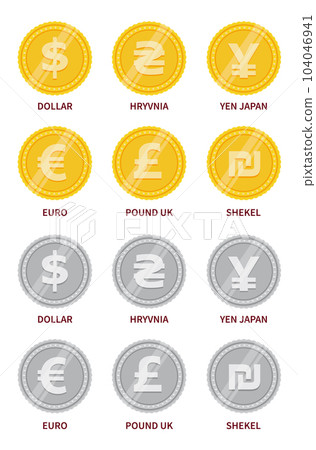 Vector set of currency signs in gold and silver color 104046941