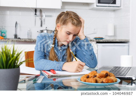Girl doing her homework with laptop 104046987