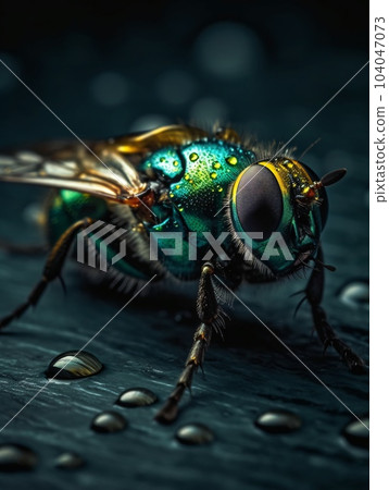 Close-up of a green fat fly on a wet surface in dramatic lighting. AI generated, AI generative, AI generativ. 104047073