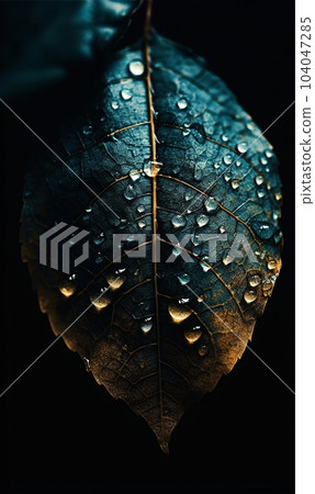 Close-up of a blue and orange leaf with water drops on it. AI generated, AI generative, AI generativ. 104047285