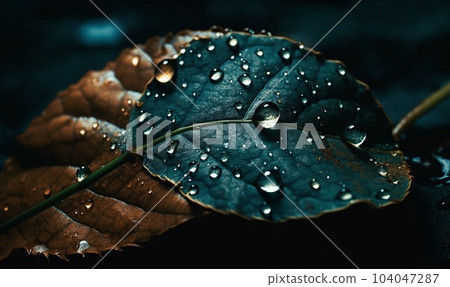 Close-up of a blue and orange leaf with water drops on it. AI generated, AI generative, AI generativ. 104047287