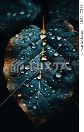 Close-up of a blue and orange leaf with water drops on it. AI generated, AI generative, AI generativ. 104047288