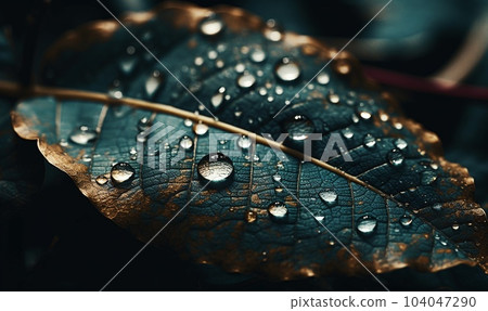 Close-up of a blue and orange leaf with water drops on it. AI generated, AI generative, AI generativ. 104047290