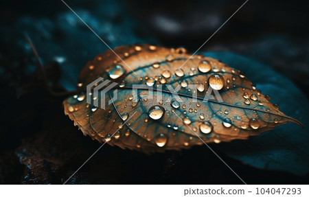 Close-up of a blue and orange leaf with water drops on it. AI generated, AI generative, AI generativ. 104047293