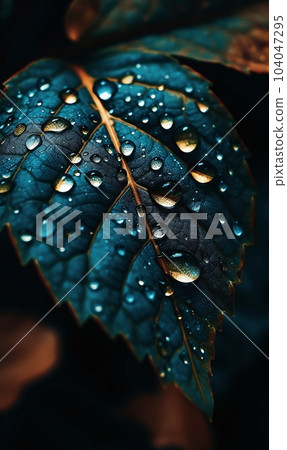 Close-up of a blue and orange leaf with water drops on it. AI generated, AI generative, AI generativ. 104047295