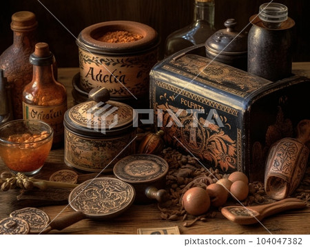 Collection of kitchen vintage items sitting on the table. AI generated, AI generative, AI generativ. 104047382