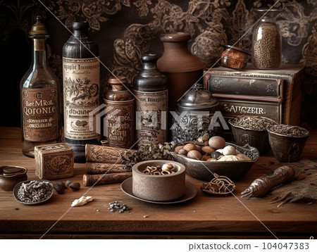 Collection of kitchen vintage items sitting on the table. AI generated, AI generative, AI generativ. 104047383