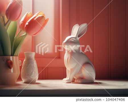 A figurine of a white Christmas rabbit sitting next to a vase of pink tulips. AI generated, AI generative, AI generativ. 104047406