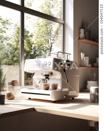 White coffee machine standing on the windowsill next to the window. AI generated, AI generative, AI generativ. 104047510
