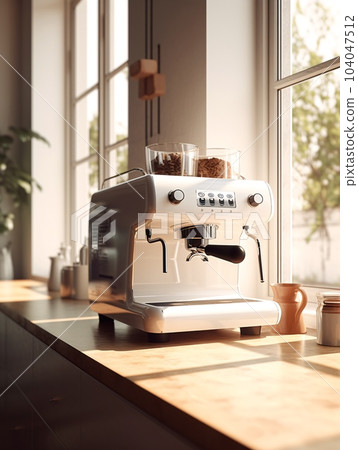 White coffee machine standing on the windowsill next to the window. AI generated, AI generative, AI generativ. 104047512