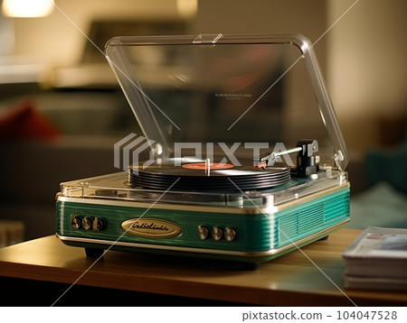 A green record player with a transparent lid sitting on a wooden table. AI generated, AI generative, AI generativ. 104047528