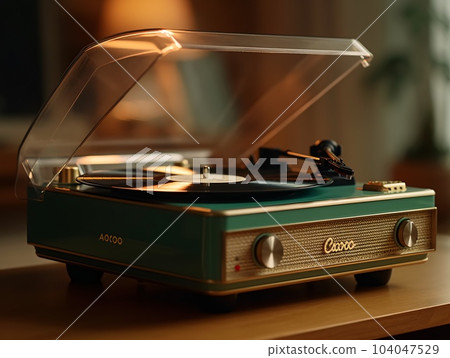 A green record player with a transparent lid sitting on a wooden table. AI generated, AI generative, AI generativ. 104047529