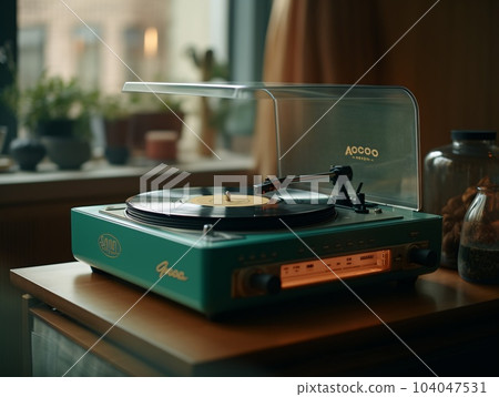 A green record player with a transparent lid sitting on a wooden table. AI generated, AI generative, AI generativ. 104047531
