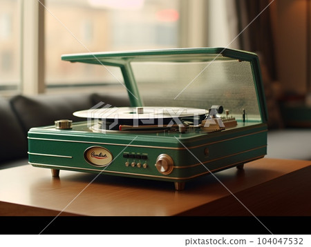 A green record player with a transparent lid sitting on a wooden table. AI generated, AI generative, AI generativ. 104047532