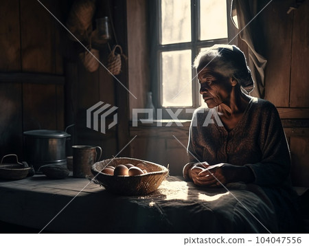 Elderly woman sitting at an old table near a window in an old log house. AI generated, AI generative, AI generativ. 104047556