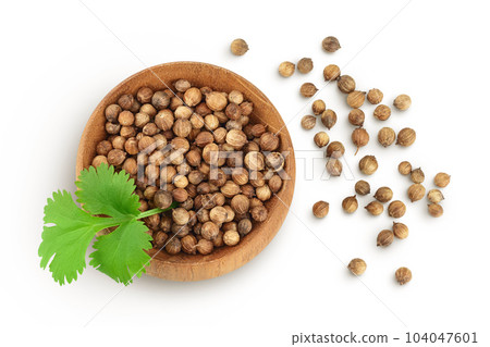 Dried coriander seeds in the wooden bowl with fresh green leaf isolated on white background. Top view. Flat lay 104047601