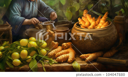 Drawing with ginger and fruit in Asian market, vintage style, still life Drawing with ginger and fruit in Asian market, vintage style, still life 104047880