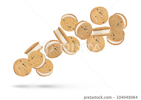 Ice cream in the form of a sandwich isolated on a white background. Vanilla ice cream scattered in different directions on a white background. Suitable for pasting into a design or project. 104048064