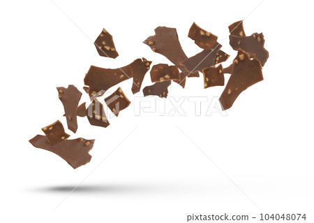 Chocolate pieces of ice cream glaze with nuts. Pieces of chocolate fall on a white isolated background. Suitable for pasting into a design or project. 104048074