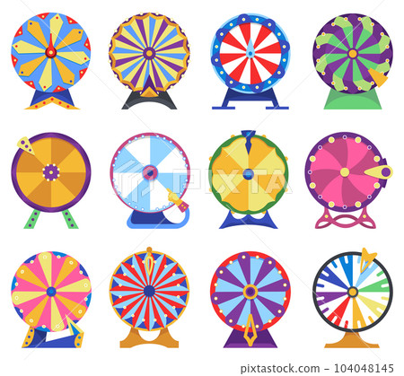 Wheel fortune set. Roulette game wheels with sections, flat icons. Spin lucky wheels, casino, money game symbols. Isolated vector illustration Wheel fortune set. Roulette game wheels with sections, flat icons. Spin lucky wheels, casino, money game symbols. Isolated vector illustration 104048145