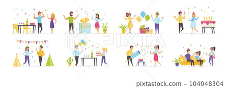 Birthday party set with people characters in various scenes. Cheerful friends celebrating anniversary with cake. Bundle of family holiday in flat style. Festive event with gifts and decoration. 104048304