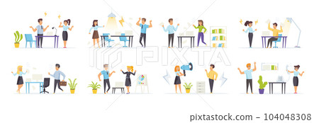Quarrel at work set with angry people characters in various scenes. Men and women scolding, brawling, bickering and shouting at each other in office. Bundle of conflict relationships in flat style 104048308