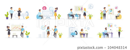 Marketing strategy set with people characters in various scenes. Business analyst presenting marketing research, manager works with analytics. Bundle of business analysis and planning in flat style. Marketing strategy set with people characters in various scenes. Business analyst presenting marketing research, manager works with analytics. Bundle of business analysis and planning in flat style. 104048314