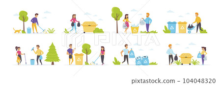 Garbage collection set with people characters in various scenes and situations. Volunteers picking up waste in containers for recycling. Bundle of ecology and environment care in flat style. 104048320