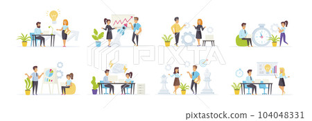 Brainstorming and creativity set with people characters in various scenes and situations. Business idea presentation, new solution or startup discussion. Bundle of colleagues cooperation in flat style 104048331