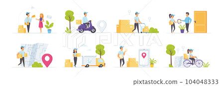 Express delivery service set with people characters in various scenes. Fast couriers delivery at home, mobile application and logistics. Bundle of parcels and mail delivering to clients in flat style. 104048333