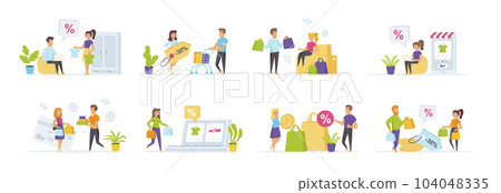 Seasonal shopping set with people characters in various scenes and situations. People carrying shopping bags with purchases. Bundle of retail discount, promotion and online shopping in flat style. 104048335
