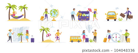 Summer holidays set with people characters in various situations. Tourists traveling with baggage, family couple of journeys, preparation and choice of tour. Bundle of tropical vacation in flat style. Summer holidays set with people characters in various situations. Tourists traveling with baggage, family couple of journeys, preparation and choice of tour. Bundle of tropical vacation in flat style. 104048336