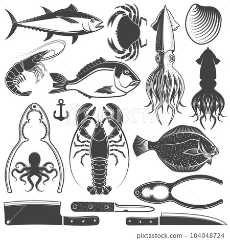 Set of Seafood silhouettes flat icons silhouettes. Marine animal shapes. Underwater world. Set include kitchen knife, shell, mollusk, mussels, octopus, squid, crab, tuna, lobster , shrimp, dorado 104048724